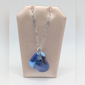 Hand Crafted Small Blue Valentine Heart Fused Glass Necklace On Paperclip Chain.